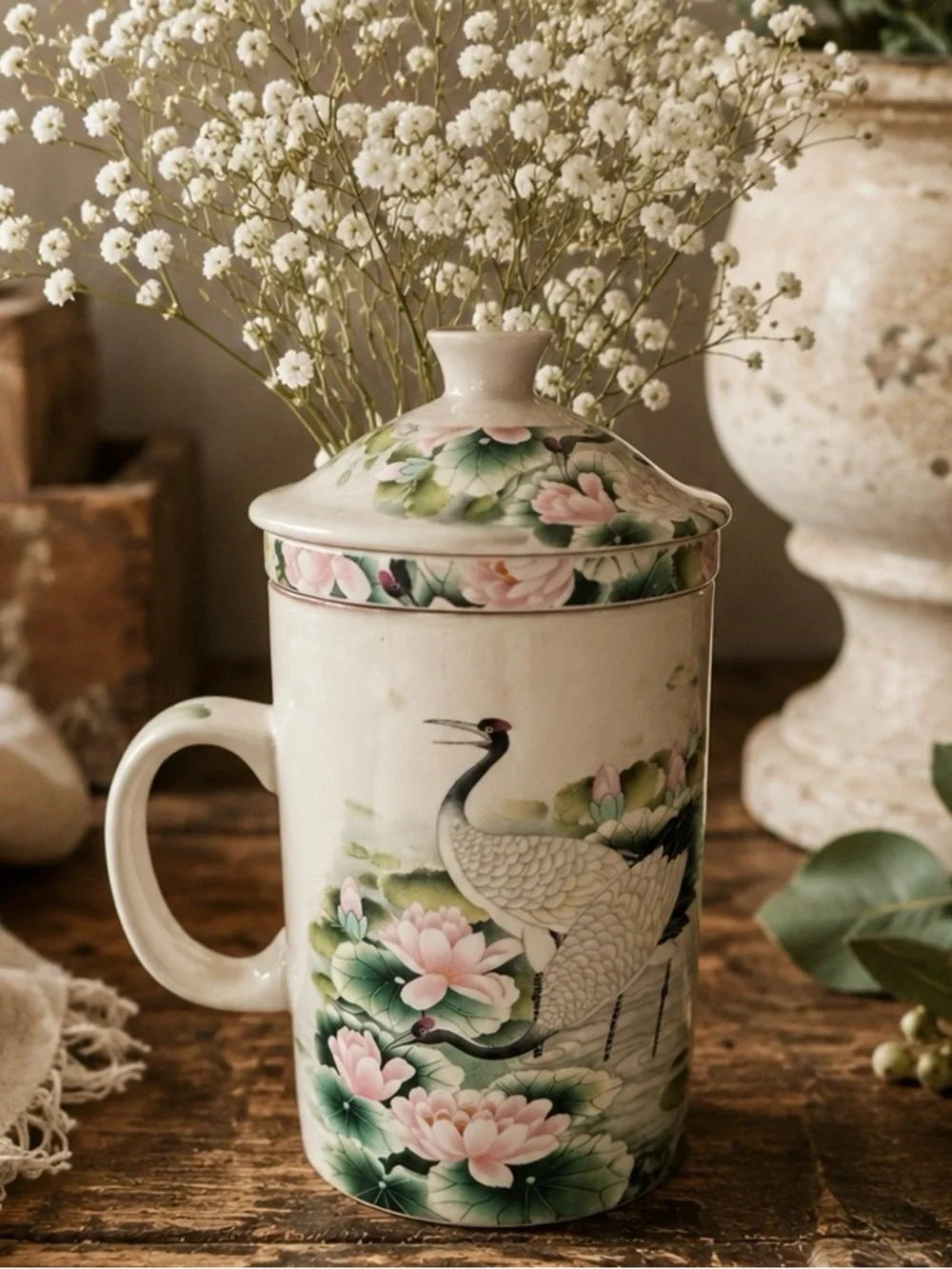 World Market Porcelain Crane & Lotus Lidded Tea Mug Cream Pink Green